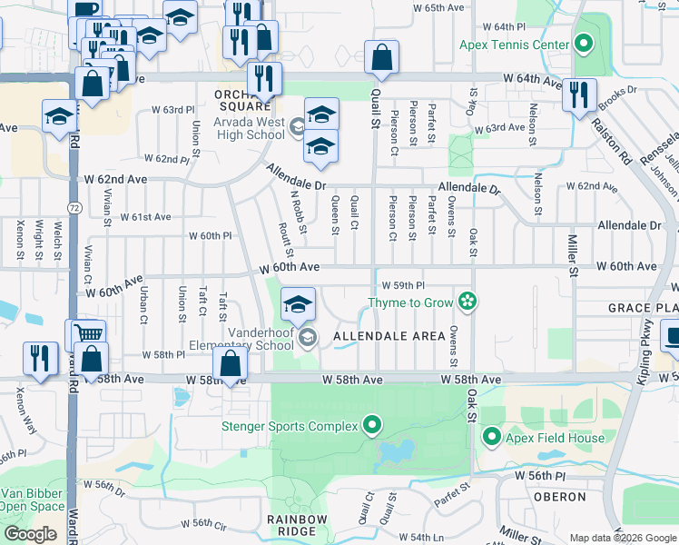 map of restaurants, bars, coffee shops, grocery stores, and more near 11310 West 60th Avenue in Arvada