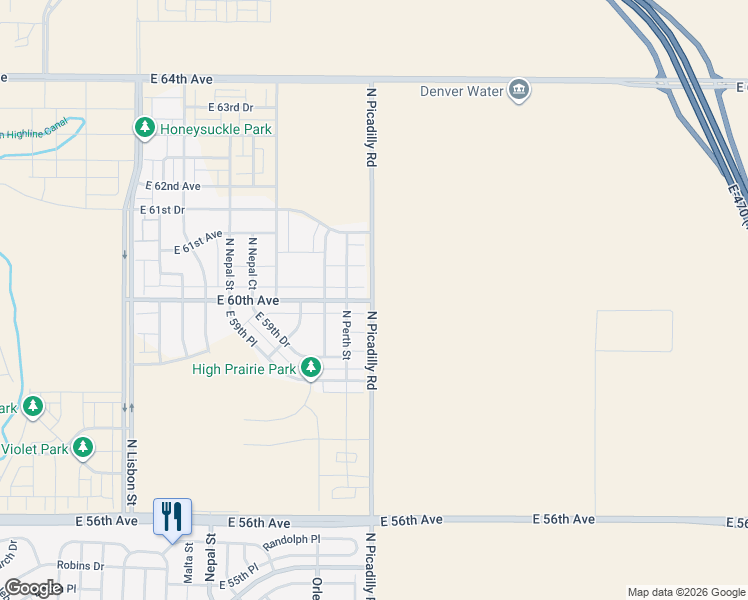 map of restaurants, bars, coffee shops, grocery stores, and more near 21682 East 60th Avenue in Aurora