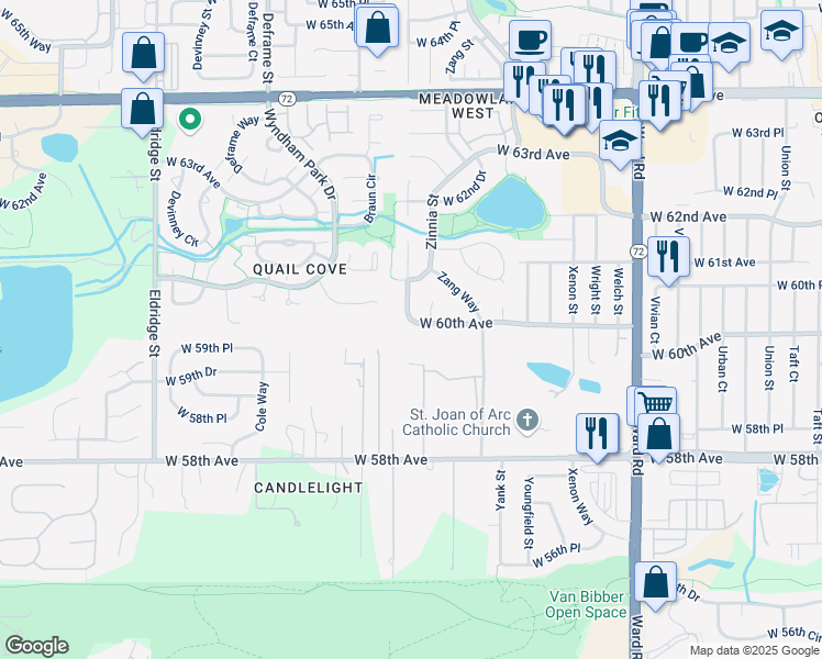 map of restaurants, bars, coffee shops, grocery stores, and more near 13240 West 60th Avenue in Arvada