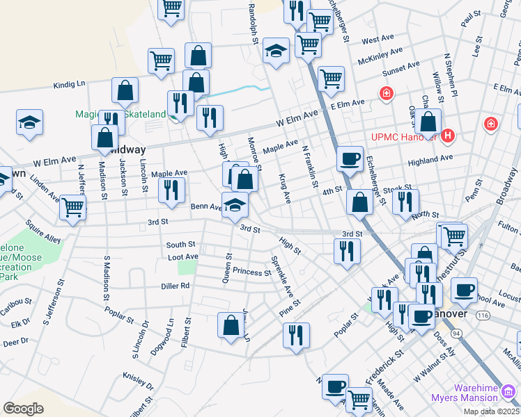 map of restaurants, bars, coffee shops, grocery stores, and more near 429 High Street in Hanover