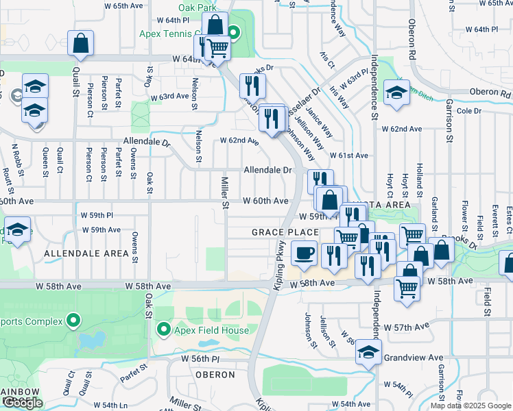 map of restaurants, bars, coffee shops, grocery stores, and more near 10320 West 60th Avenue in Arvada