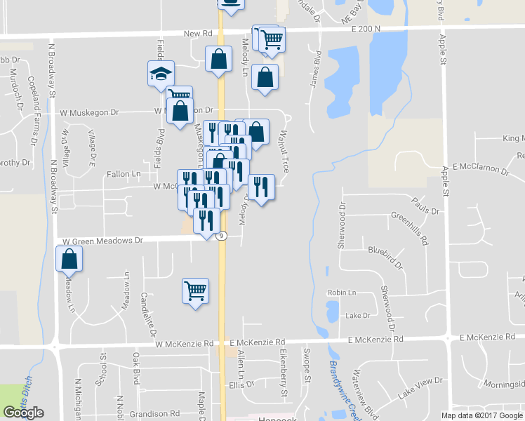 map of restaurants, bars, coffee shops, grocery stores, and more near 1505 North State Street in Greenfield