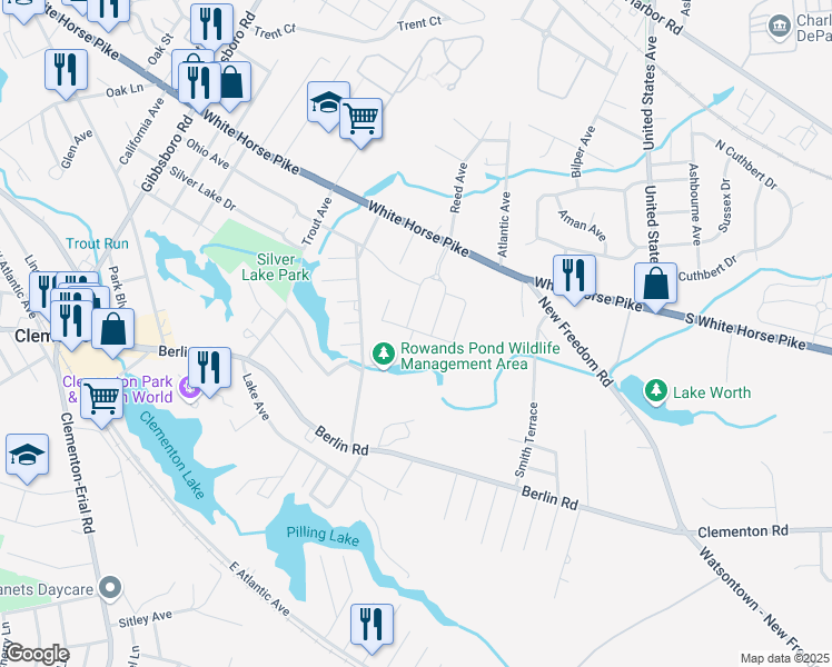 map of restaurants, bars, coffee shops, grocery stores, and more near 46 Rowand Way East in Clementon