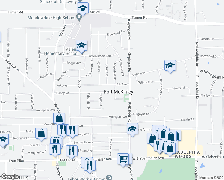 map of restaurants, bars, coffee shops, grocery stores, and more near 3641 Haney Road in Dayton