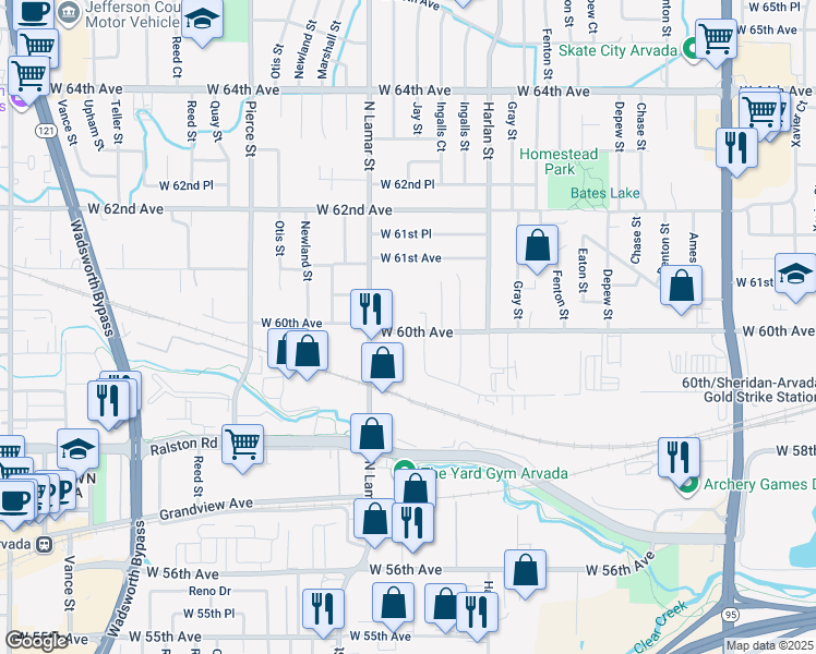 map of restaurants, bars, coffee shops, grocery stores, and more near 6054 West 60th Avenue in Arvada