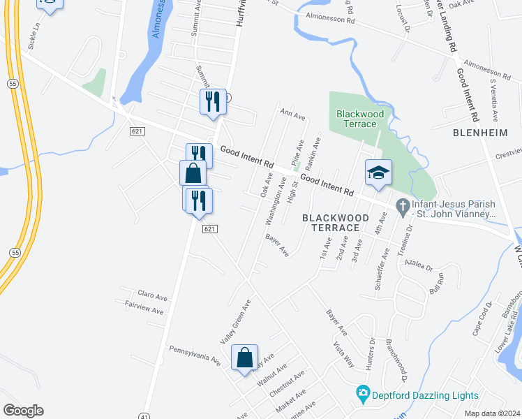 map of restaurants, bars, coffee shops, grocery stores, and more near 610 Oak Avenue in Deptford Township