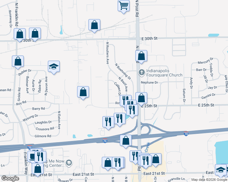 map of restaurants, bars, coffee shops, grocery stores, and more near 8757 Routiers Court in Indianapolis