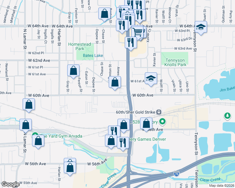 map of restaurants, bars, coffee shops, grocery stores, and more near 6005 Sheridan Boulevard in Arvada