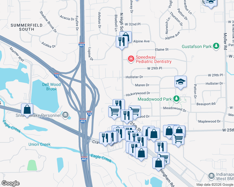 map of restaurants, bars, coffee shops, grocery stores, and more near 2814 North High School Road in Indianapolis
