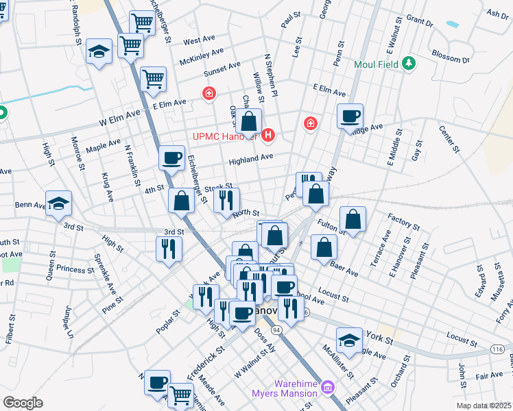 map of restaurants, bars, coffee shops, grocery stores, and more near 25 Charles Street in Hanover