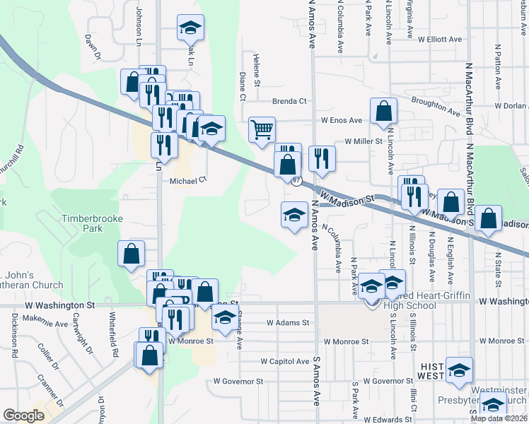 map of restaurants, bars, coffee shops, grocery stores, and more near 2-54 Gaslite Court in Springfield