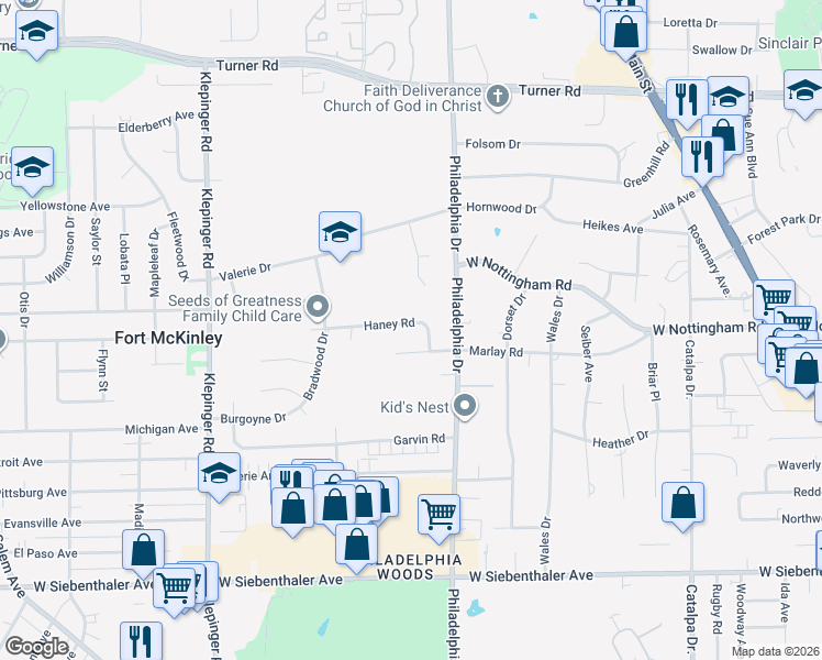 map of restaurants, bars, coffee shops, grocery stores, and more near 3100 Haney Road in Dayton