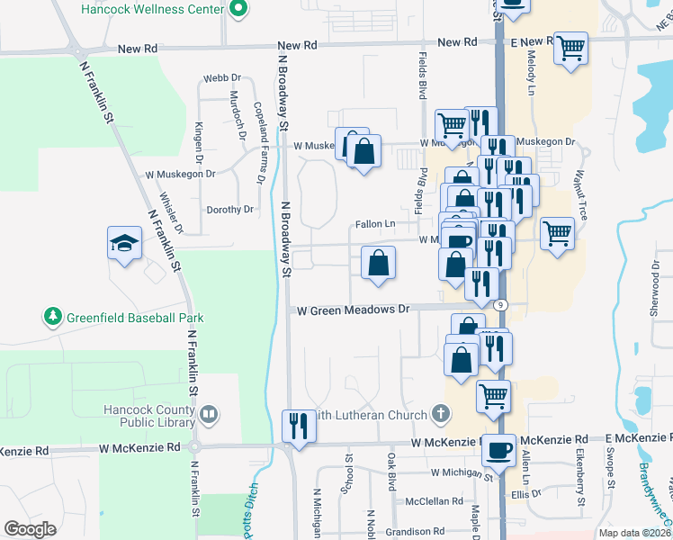 map of restaurants, bars, coffee shops, grocery stores, and more near 521 Preston Drive in Greenfield
