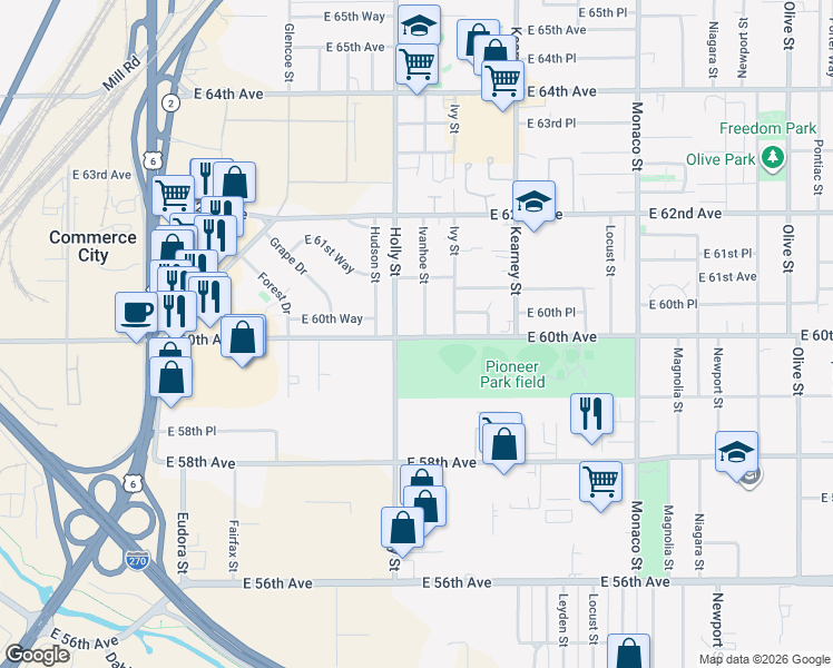 map of restaurants, bars, coffee shops, grocery stores, and more near 6000 Holly Street in Commerce City