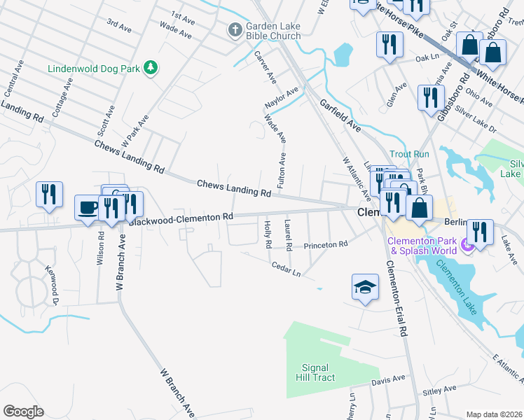 map of restaurants, bars, coffee shops, grocery stores, and more near 1341 Blackwood-Clementon Road in Clementon