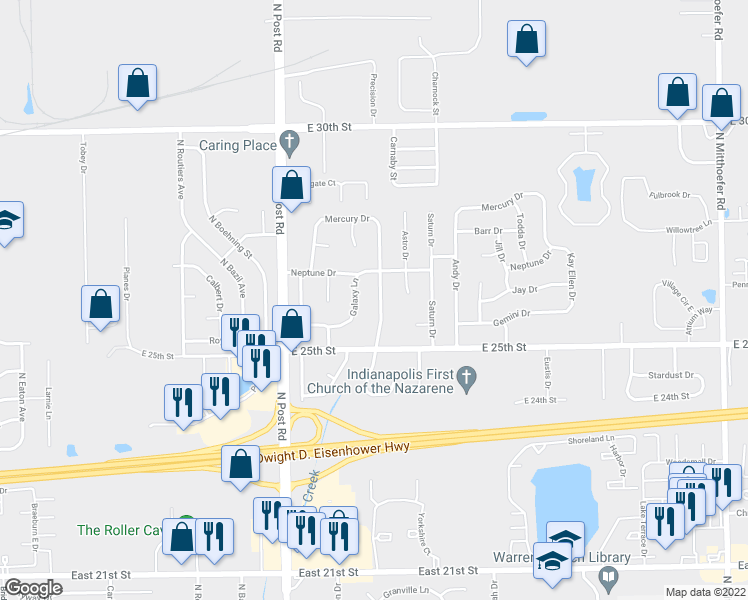 map of restaurants, bars, coffee shops, grocery stores, and more near 2602 Constellation Drive in Indianapolis