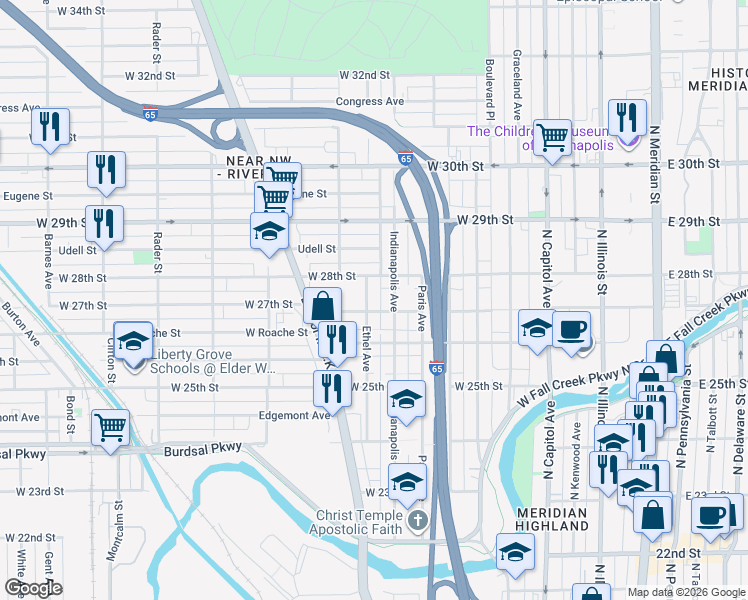 map of restaurants, bars, coffee shops, grocery stores, and more near 2705 Ethel Avenue in Indianapolis