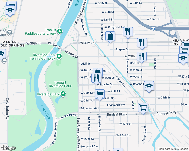 map of restaurants, bars, coffee shops, grocery stores, and more near 1418 West 27th Street in Indianapolis