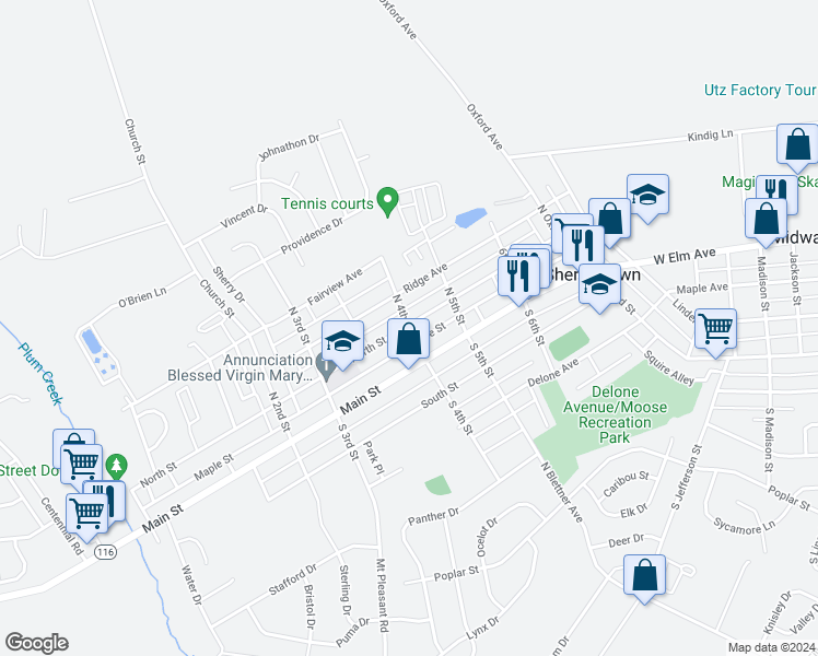 map of restaurants, bars, coffee shops, grocery stores, and more near 65 North 4th Street in McSherrystown