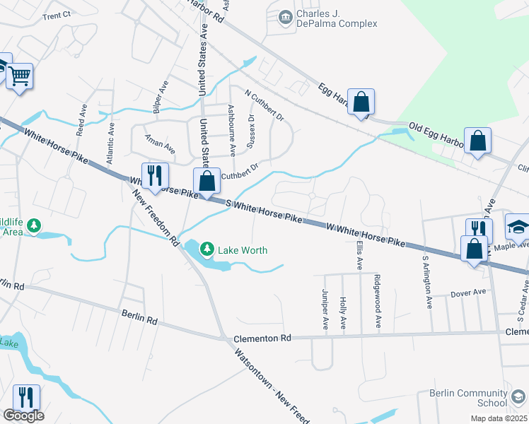 map of restaurants, bars, coffee shops, grocery stores, and more near 2434 South White Horse Pike in Clementon