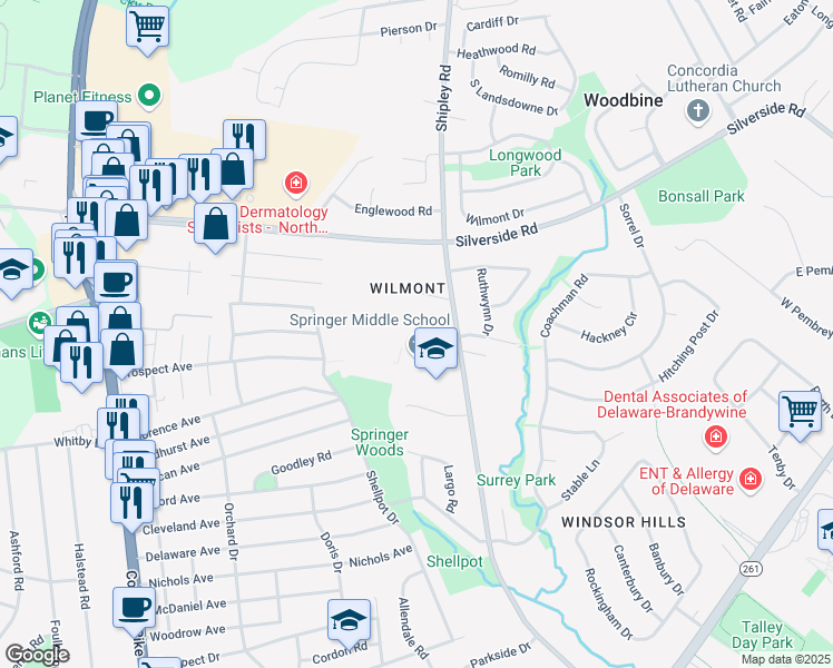 map of restaurants, bars, coffee shops, grocery stores, and more near 13 Kendall Court in Wilmington