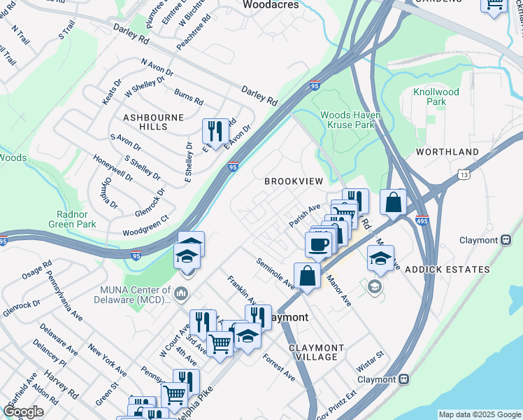 map of restaurants, bars, coffee shops, grocery stores, and more near 3757 Green Street in Claymont