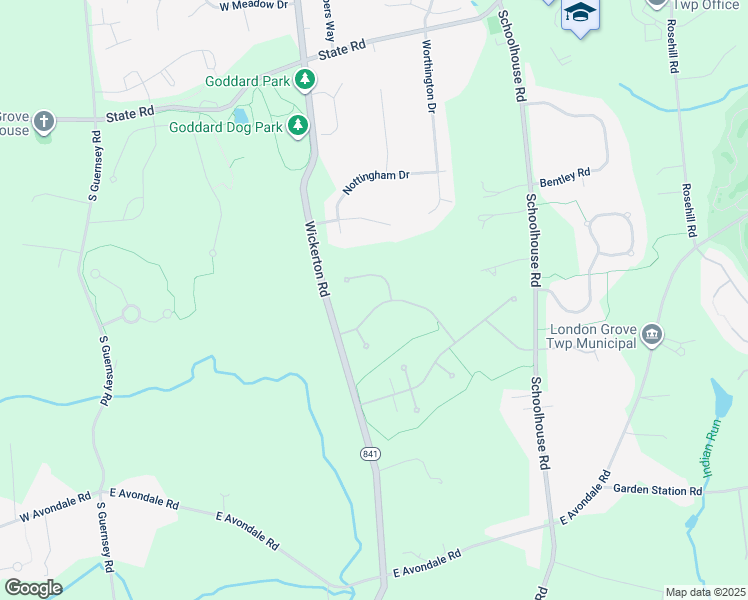 map of restaurants, bars, coffee shops, grocery stores, and more near 28 Stanford Drive in West Grove