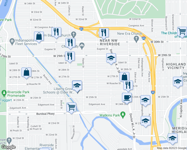 map of restaurants, bars, coffee shops, grocery stores, and more near 918 West 27th Street in Indianapolis