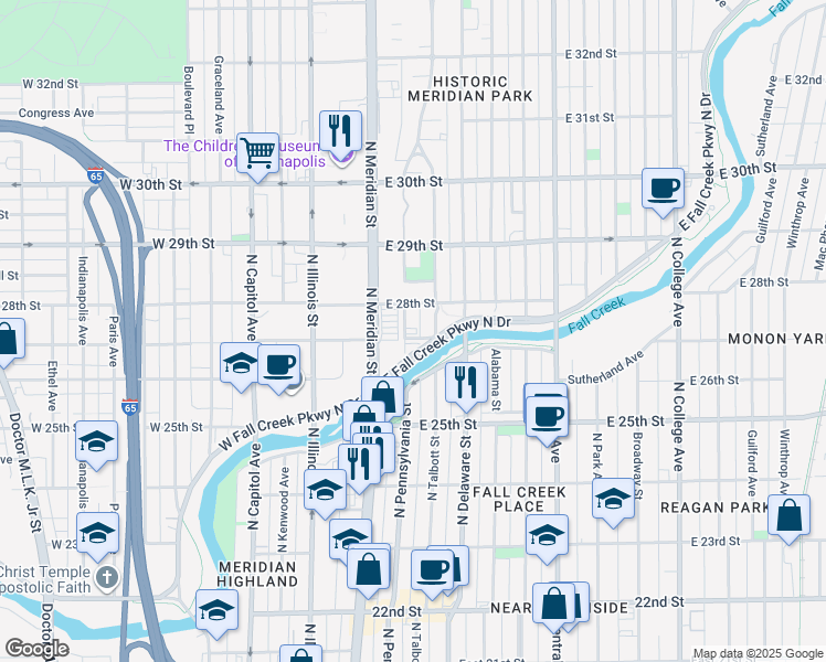 map of restaurants, bars, coffee shops, grocery stores, and more near 2703 North Pennsylvania Street in Indianapolis