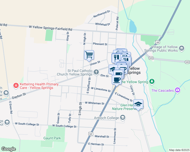 map of restaurants, bars, coffee shops, grocery stores, and more near 310 Phillips Street in Yellow Springs