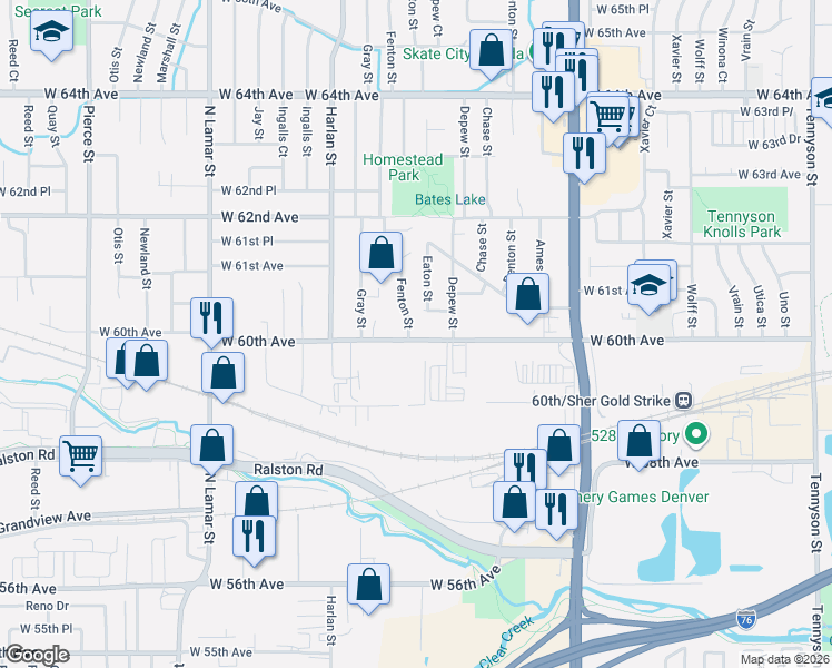 map of restaurants, bars, coffee shops, grocery stores, and more near 5701 West 60th Avenue in Arvada