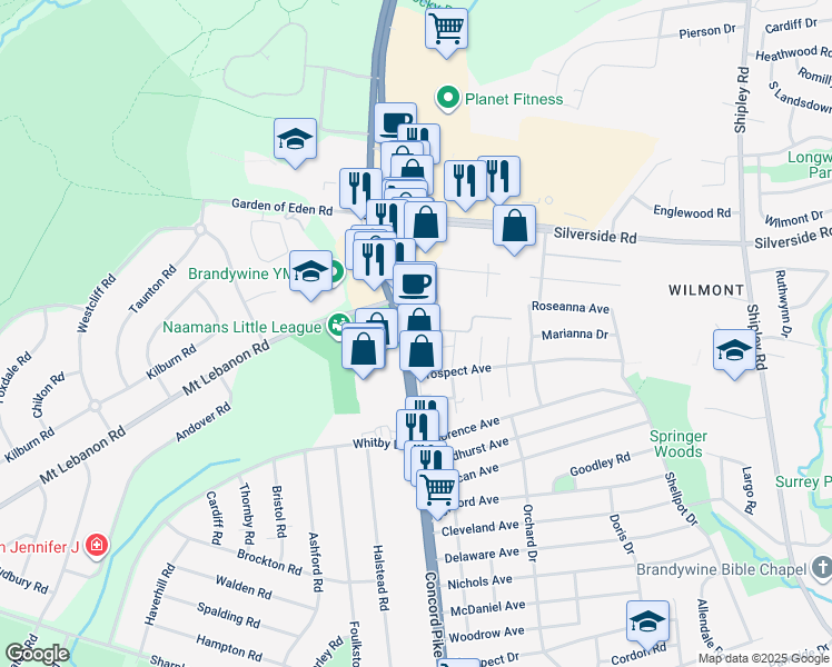 map of restaurants, bars, coffee shops, grocery stores, and more near 3660 Concord Pike in Wilmington
