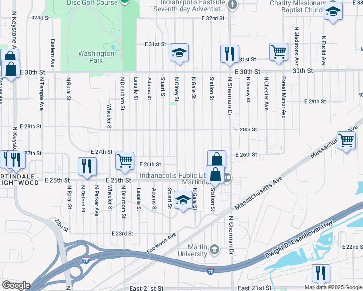 map of restaurants, bars, coffee shops, grocery stores, and more near 2702 North Olney Street in Indianapolis