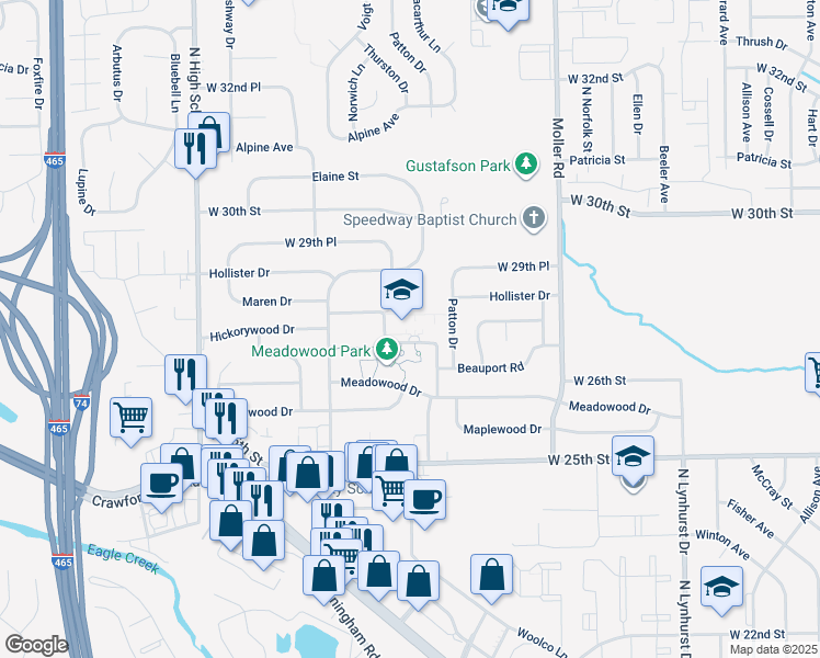 map of restaurants, bars, coffee shops, grocery stores, and more near 5700 Meadowood Drive in Speedway