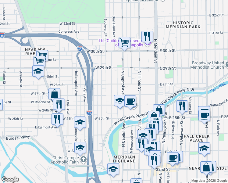 map of restaurants, bars, coffee shops, grocery stores, and more near 2701 Boulevard Place in Indianapolis