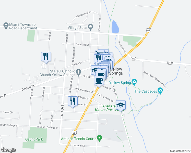 map of restaurants, bars, coffee shops, grocery stores, and more near 136 South Walnut Street in Yellow Springs