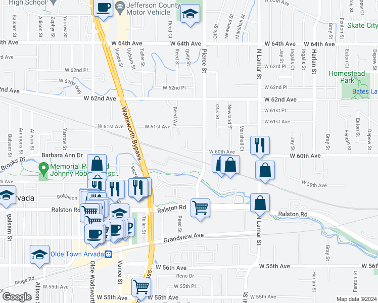 map of restaurants, bars, coffee shops, grocery stores, and more near 6930 West 60th Avenue in Arvada