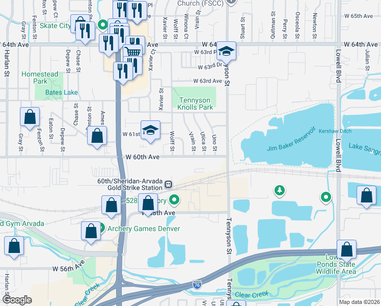 map of restaurants, bars, coffee shops, grocery stores, and more near 6006 Vrain Street in Arvada