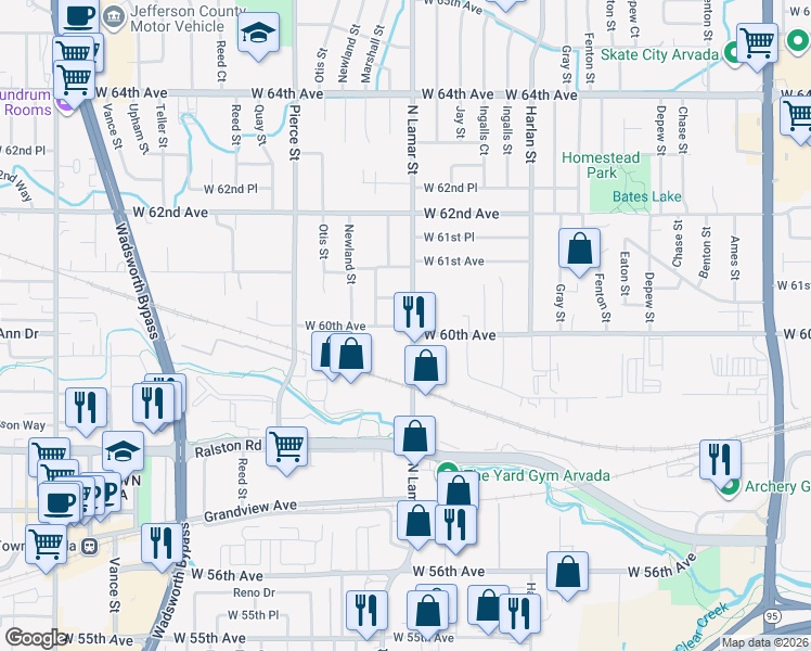 map of restaurants, bars, coffee shops, grocery stores, and more near in Arvada