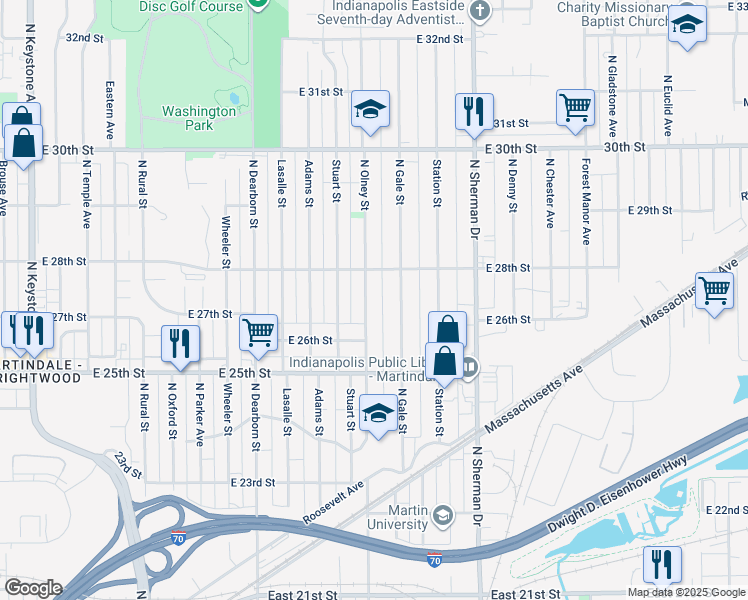 map of restaurants, bars, coffee shops, grocery stores, and more near 2702 North Olney Street in Indianapolis