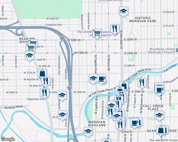 map of restaurants, bars, coffee shops, grocery stores, and more near 2701 Boulevard Place in Indianapolis