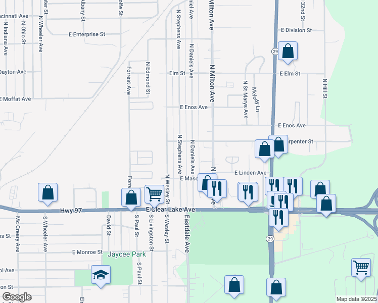 map of restaurants, bars, coffee shops, grocery stores, and more near 405 North Daniels Avenue in Springfield