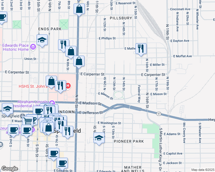 map of restaurants, bars, coffee shops, grocery stores, and more near 429 North 13th Street in Springfield