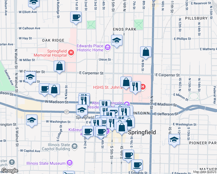 map of restaurants, bars, coffee shops, grocery stores, and more near 408 North 4th Street in Springfield