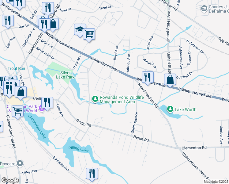 map of restaurants, bars, coffee shops, grocery stores, and more near 33 Rowand Way East in Clementon