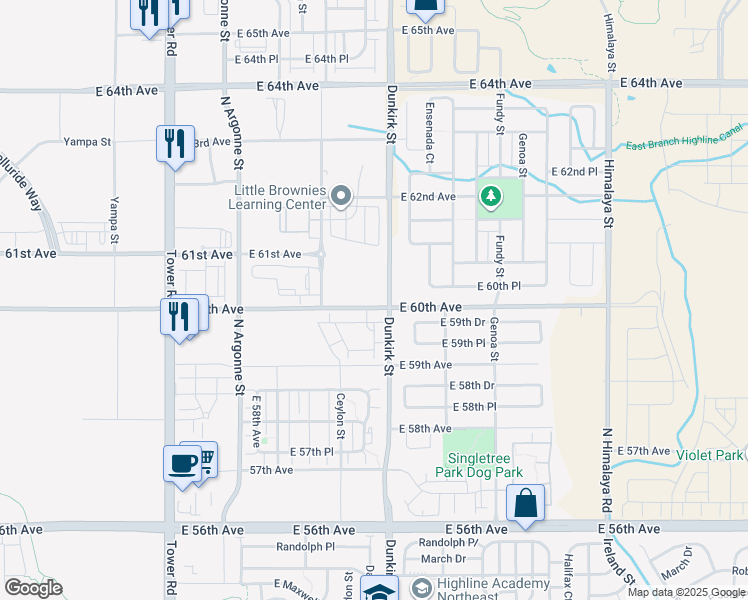 map of restaurants, bars, coffee shops, grocery stores, and more near 6026 North Ceylon Street in Denver
