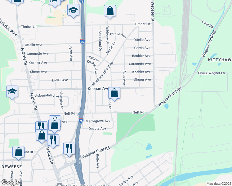 map of restaurants, bars, coffee shops, grocery stores, and more near 2612 Keenan Avenue in Dayton