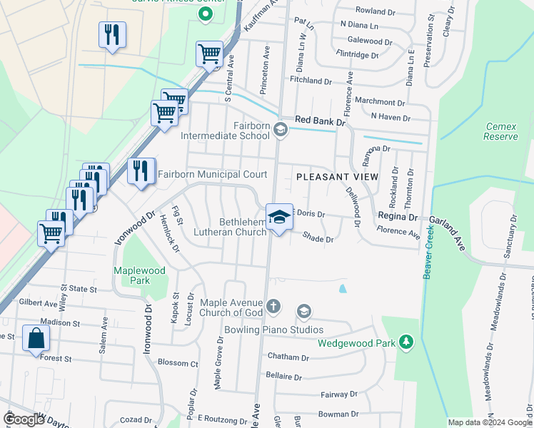 map of restaurants, bars, coffee shops, grocery stores, and more near 1214 South Maple Avenue in Fairborn