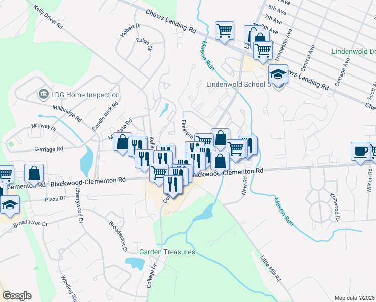 map of restaurants, bars, coffee shops, grocery stores, and more near 1990 Laurel Road in Lindenwold