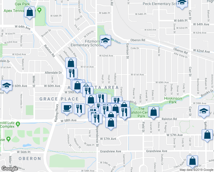 map of restaurants, bars, coffee shops, grocery stores, and more near 6001 Hoyt Street in Arvada